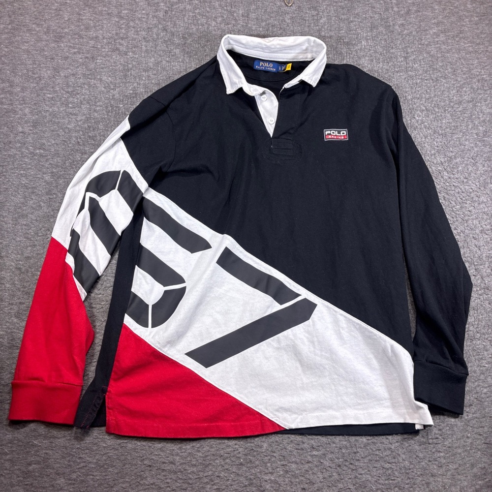 Polo Ralph Lauren‎ Racing Rugby Shirt Mens Large Black 67 Colorblock Long Sleeve